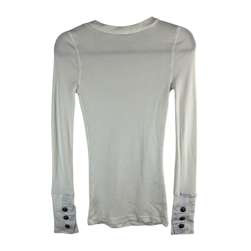 Free People Womens Cream Waffle Knit Thermal Scoop Neck Button Cuff Top Small - Picture 2 of 11